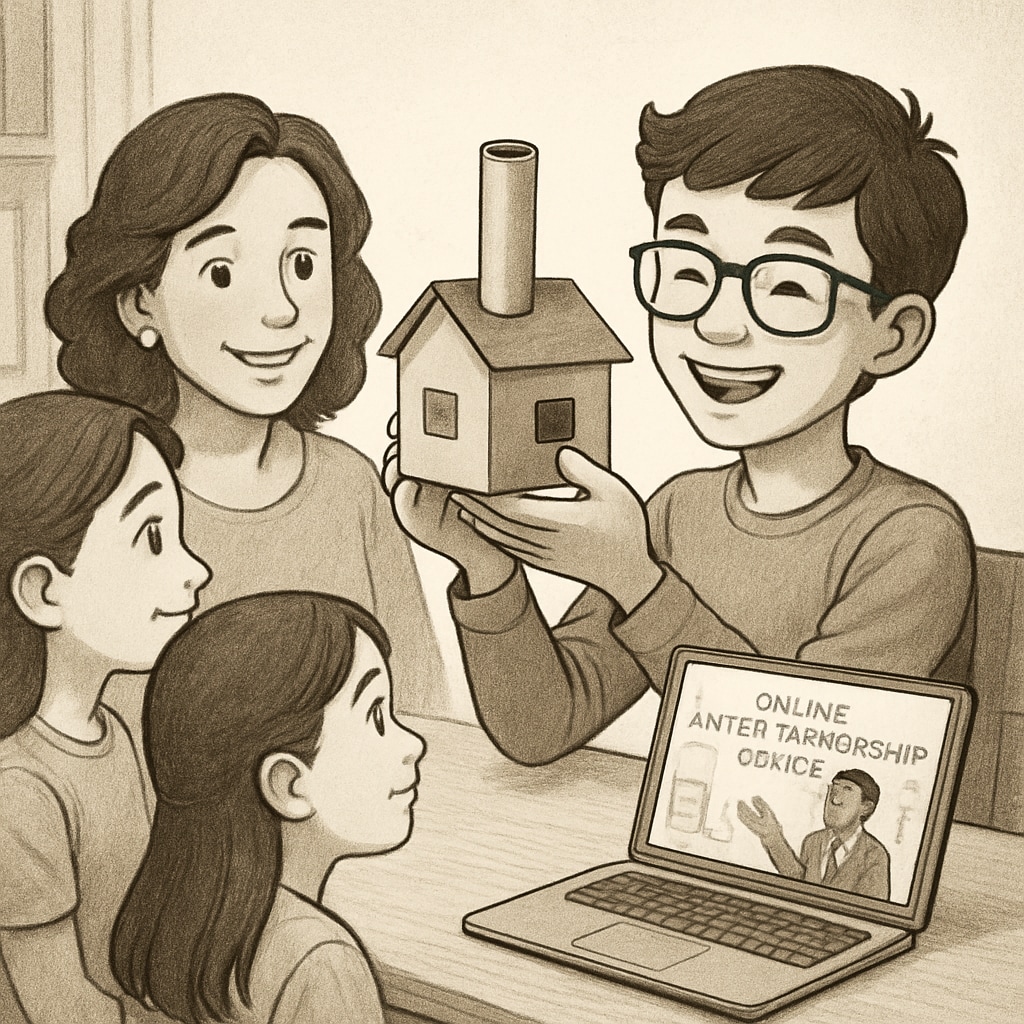 A young student holding a handmade product prototype, presenting it to family members during an online entrepreneurship course. A young student presenting a product prototype during a virtual entrepreneurship course.