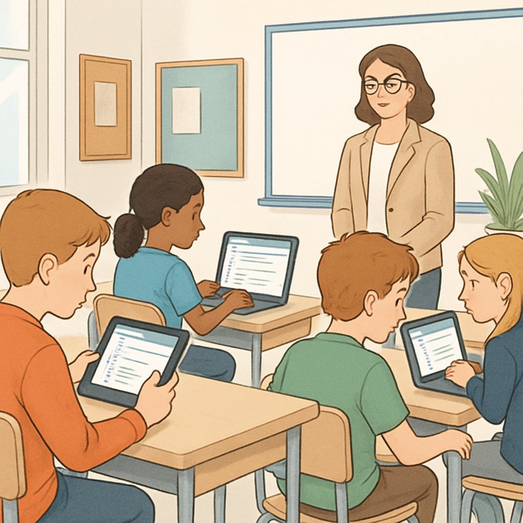 A group of students taking a digital assessment in a classroom setting. Students completing a digital assessment as part of their learning process.