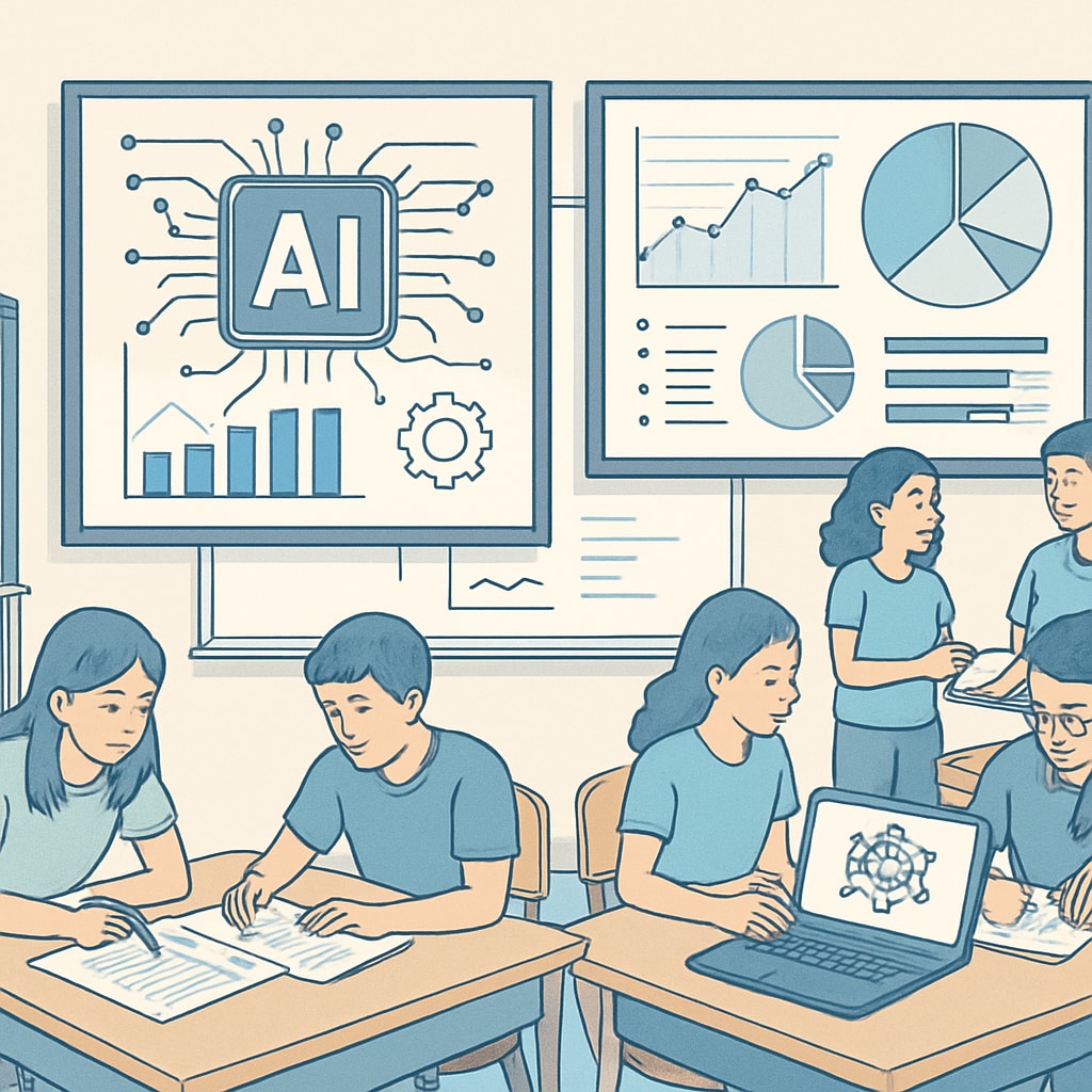 A classroom setting where students are engaged in collaborative activities, with screens showing AI-driven analytics. This reflects a reformed education model. Students collaborating in a classroom with AI technology analyzing their progress.