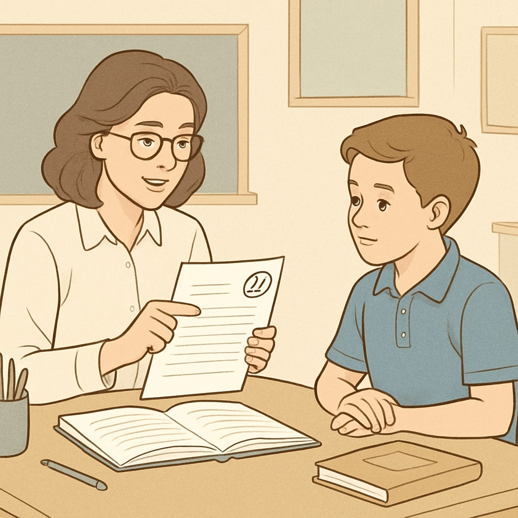 A teacher reviewing assessment results with a student in a one-on-one session. Teacher discussing assessment results with a student to tailor learning strategies.