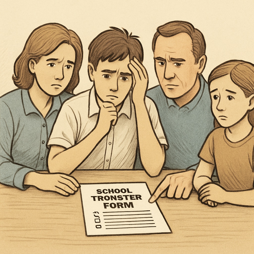A student with their family looking concerned while reviewing school transfer forms. Family reviewing school transfer forms amidst concerns about district communication barriers.