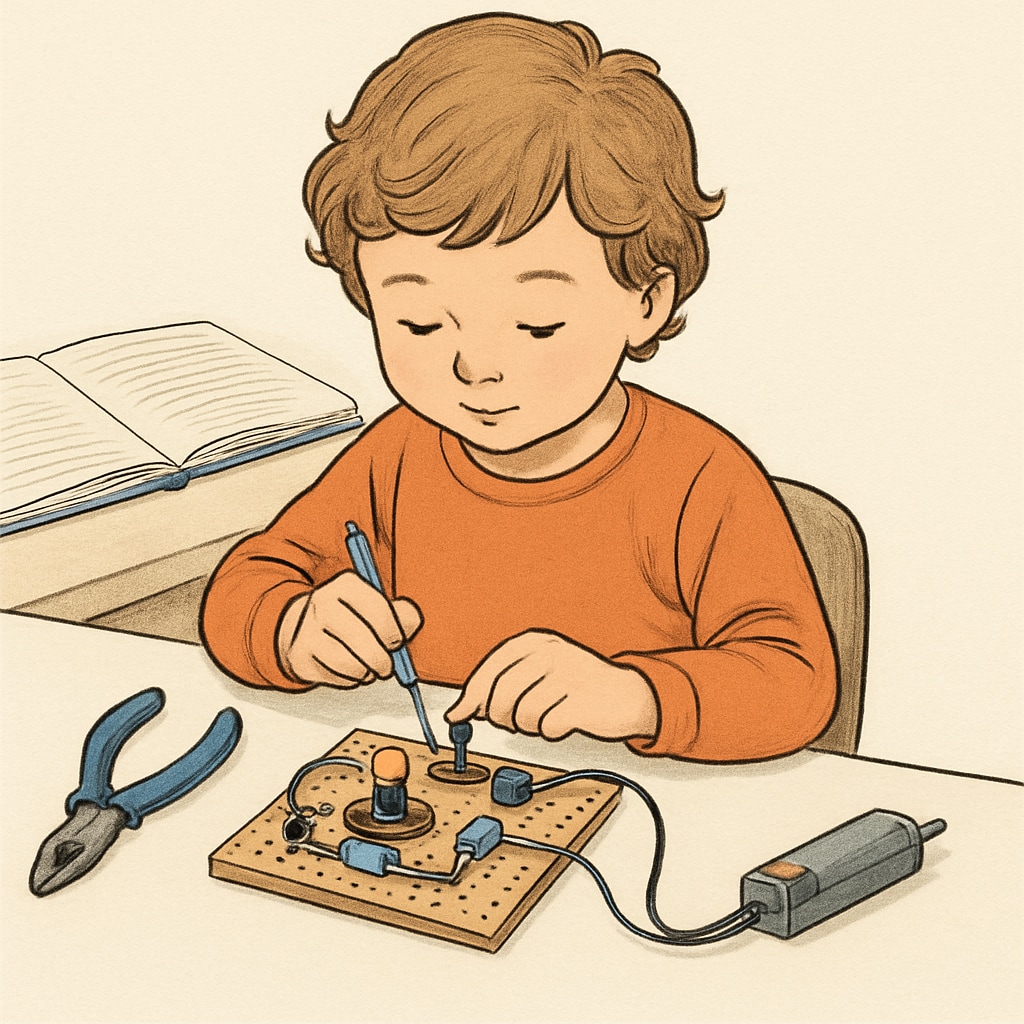 A young child assembling a simple circuit board, showcasing early creativity and problem-solving skills. A child working on a circuit board, demonstrating creativity education and hands-on learning.