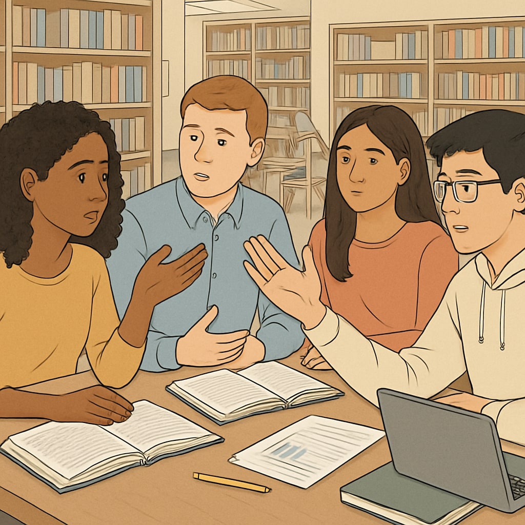 A group of diverse students discussing academic challenges in a library setting, symbolizing holistic admissions. Students discussing challenges and holistic admissions.