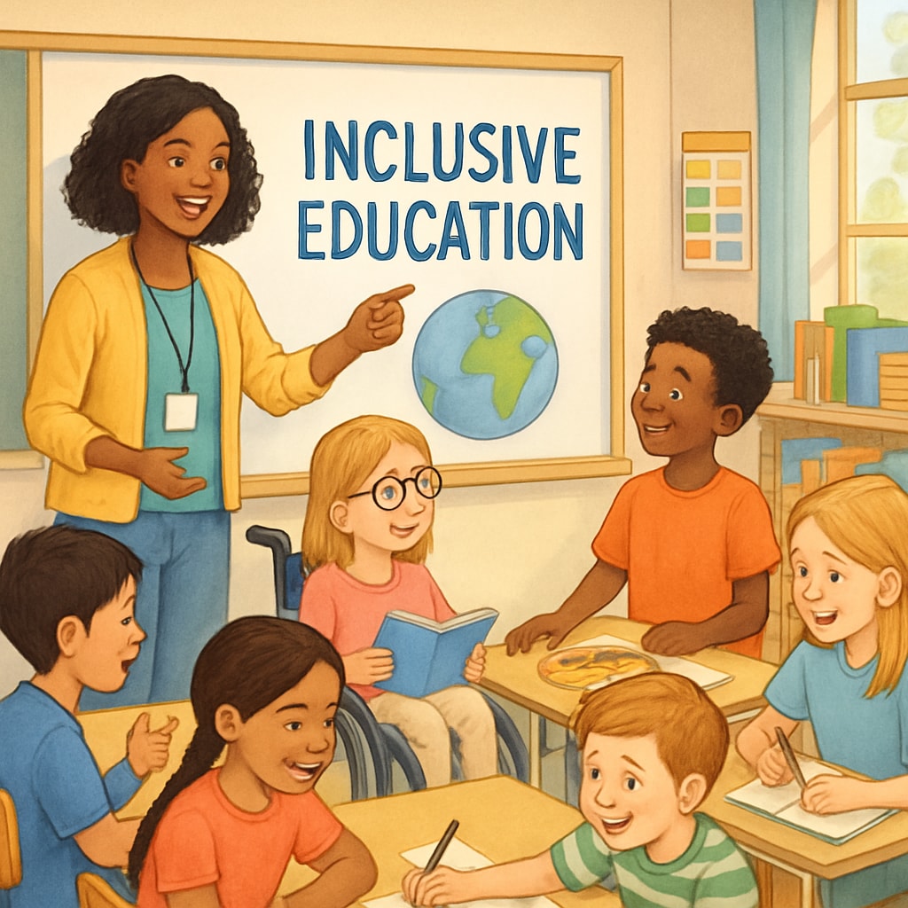A teacher in a diverse classroom setting, illustrating inclusive education practices. Illustration of inclusive teaching practices in a diverse classroom environment.
