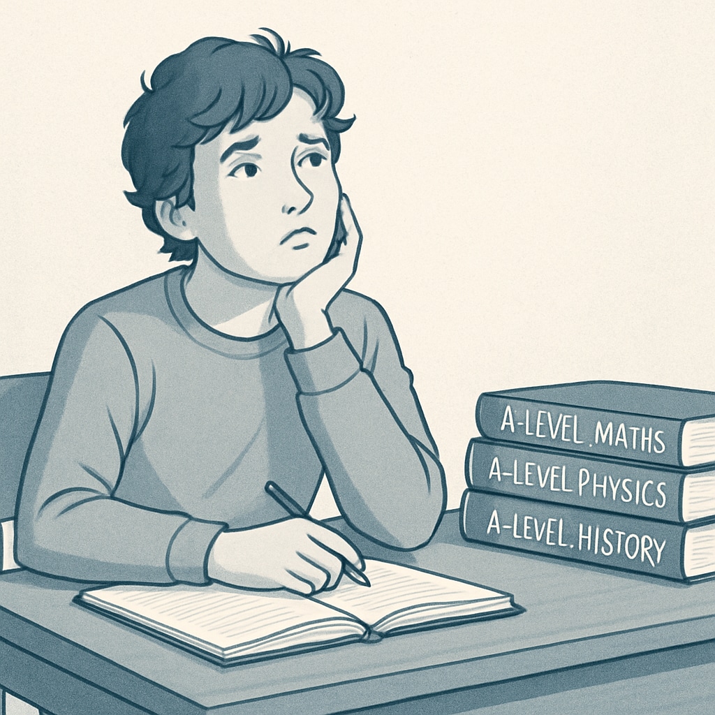 A student sitting at a desk with A-level textbooks, looking contemplative about their future options. A-level student considering academic options after disappointing results.