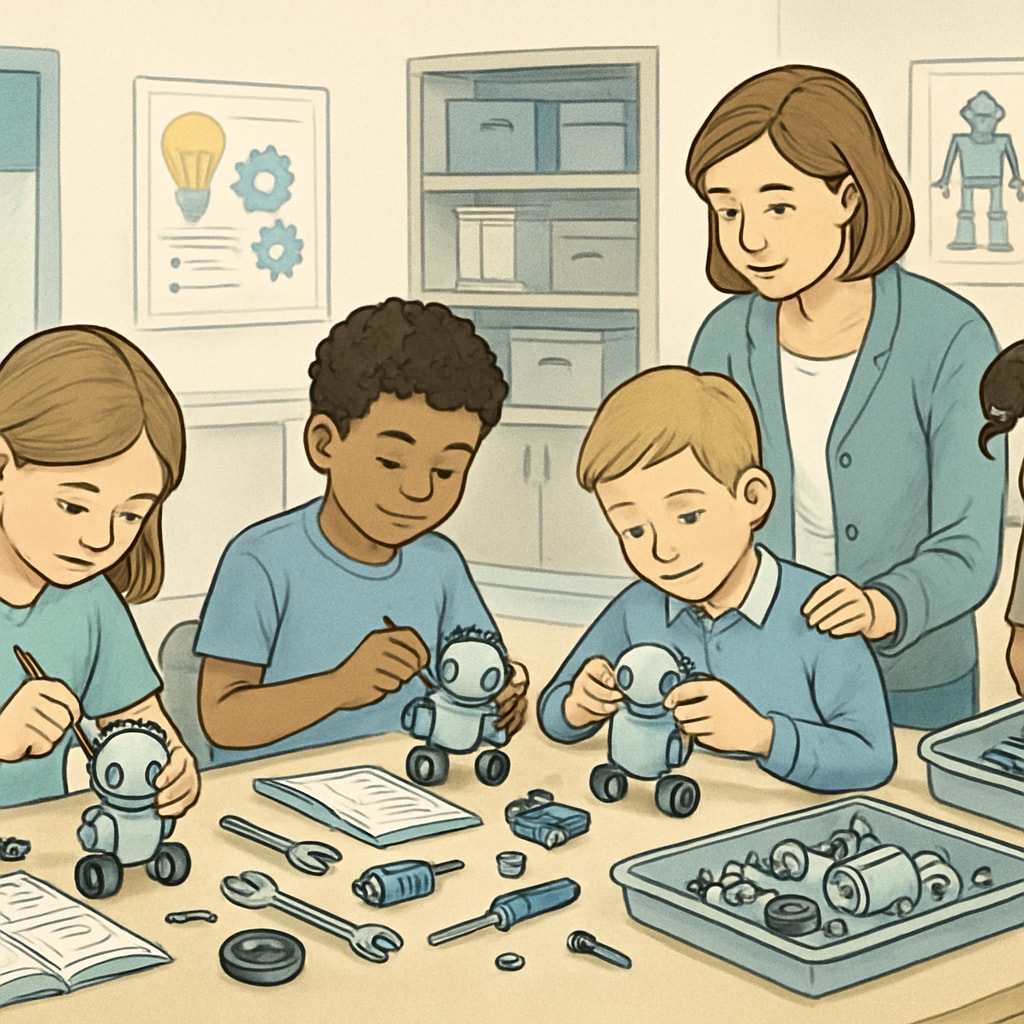 A robotics workshop designed for young children, featuring kids assembling small robots under guided supervision. Kids in a robotics workshop, participating in hands-on STEM activities for early talent development.