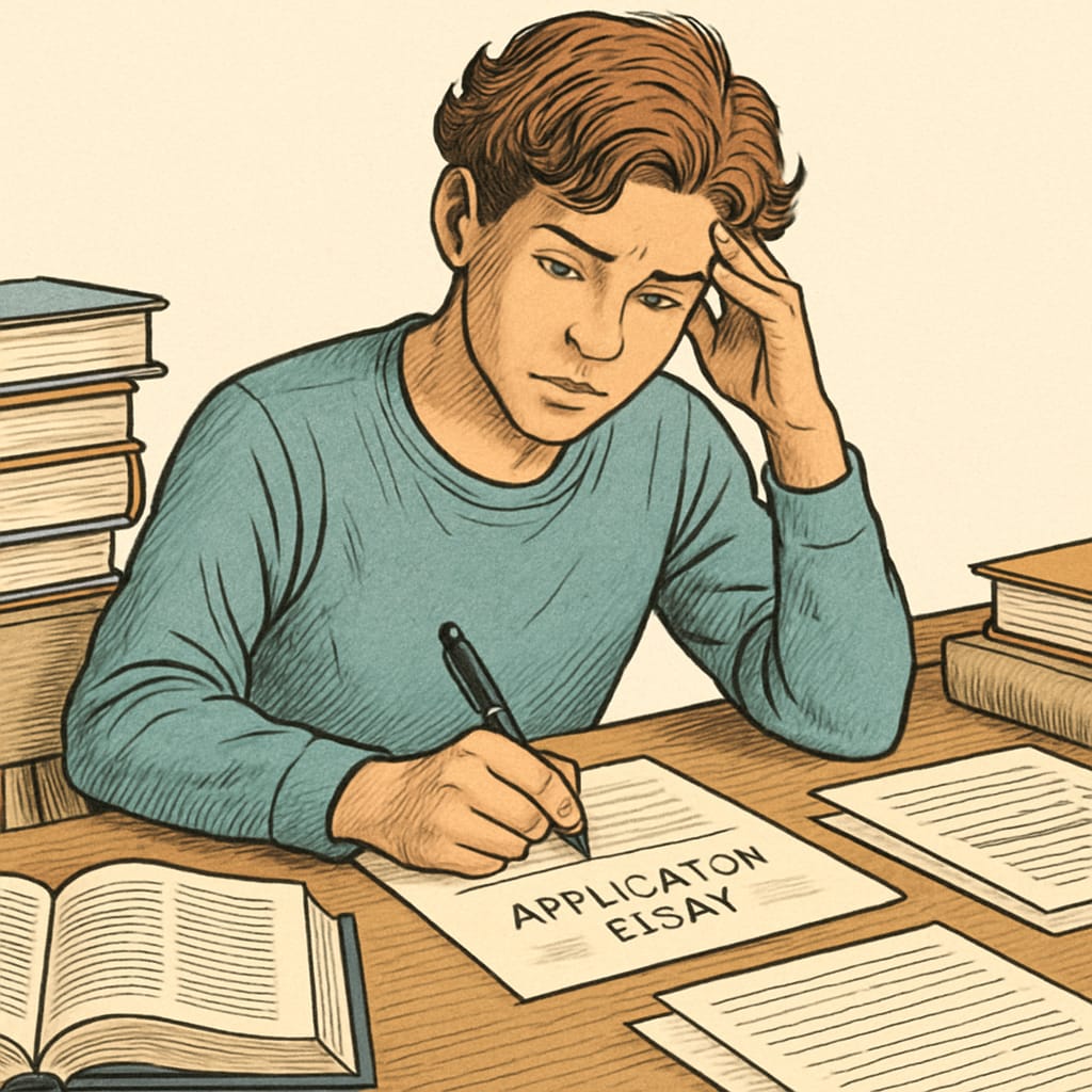 A student writing an application essay at a desk, emphasizing resilience and personal growth. Student writing an essay about resilience and growth.