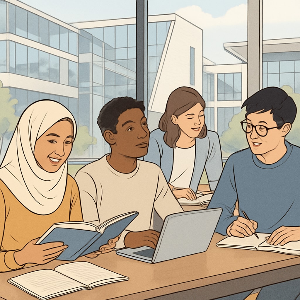A group of international students attending classes in a modern overseas university campus. International students participating in a foundation program abroad.