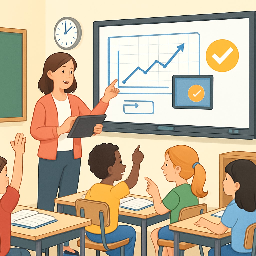A teacher using a digital tool to engage students in a classroom setting Teacher engaging students using educational technology tools