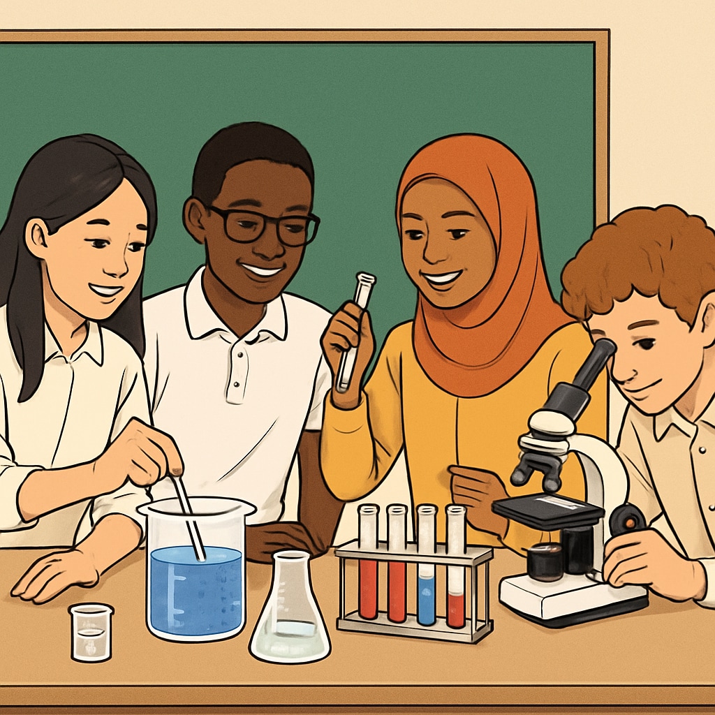 A classroom with students of diverse backgrounds collaborating on science experiments. The image emphasizes inclusivity and peer learning. Inclusive science classroom with English learners collaborating on experiments.