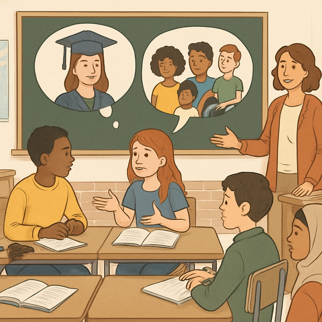 A thoughtfully designed classroom with students discussing social issues, illustrating the integration of wokeness in education. Classroom discussion on social issues and wokeness in schools.