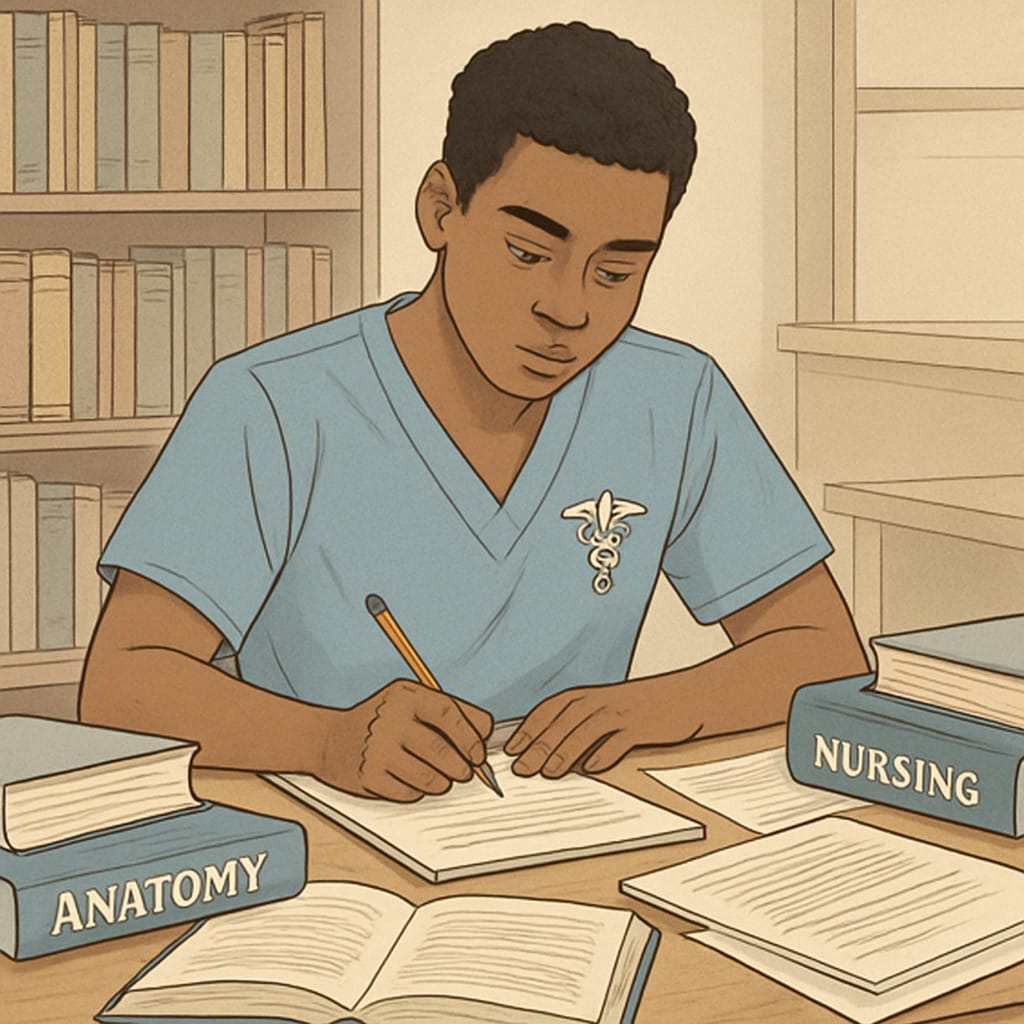 An aspiring nursing student preparing their application on a desk cluttered with books and papers. Nursing student organizing their transfer application materials.
