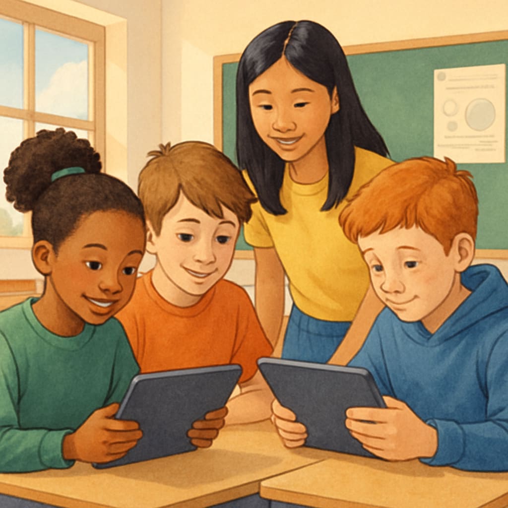 A diverse group of students using tablets for collaborative learning activities Students collaborating on tablets in a K12 classroom