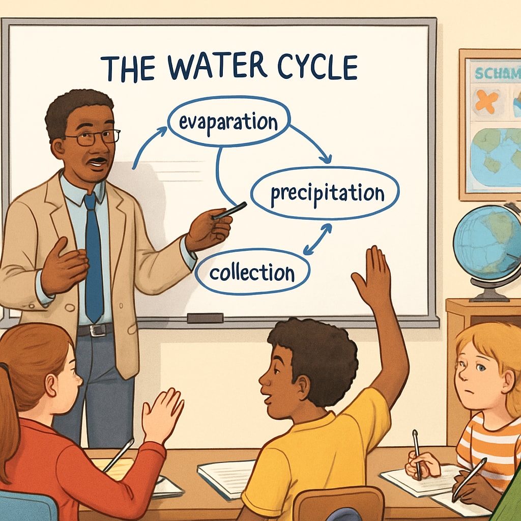 A science teacher using a concept map to explain the water cycle, with active student engagement. It highlights differentiated instruction strategies. Science teacher explaining the water cycle with a concept map for English learners.