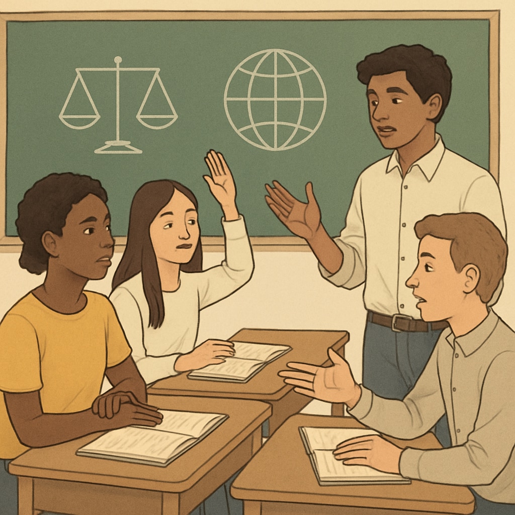 Students participating in a debate or discussion about social and political issues, reflecting critical thinking and awareness. Students debating social issues and critical thinking in schools.