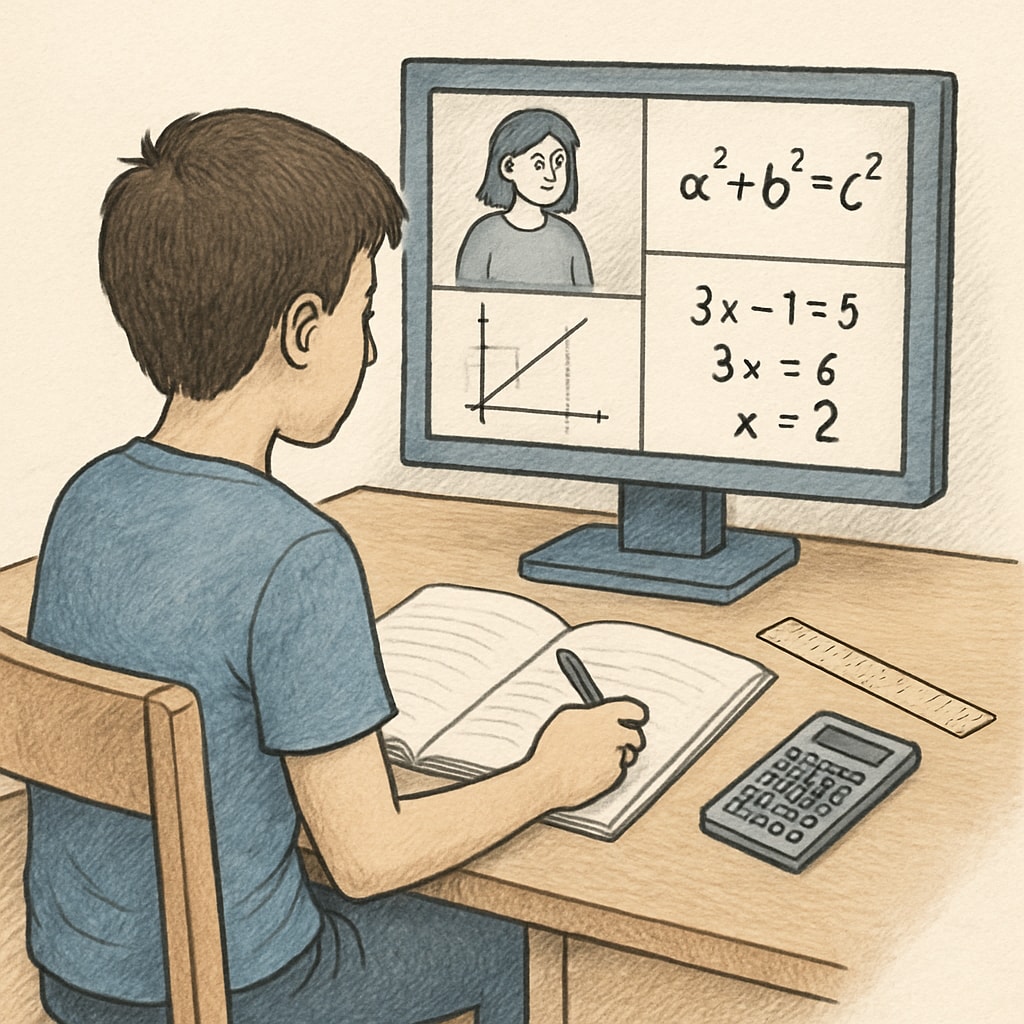 A student watching educational videos on YouTube to improve mathematical skills, with a notebook and pen in hand. Student using YouTube learning resources to enhance mathematical skills for campus recruitment.