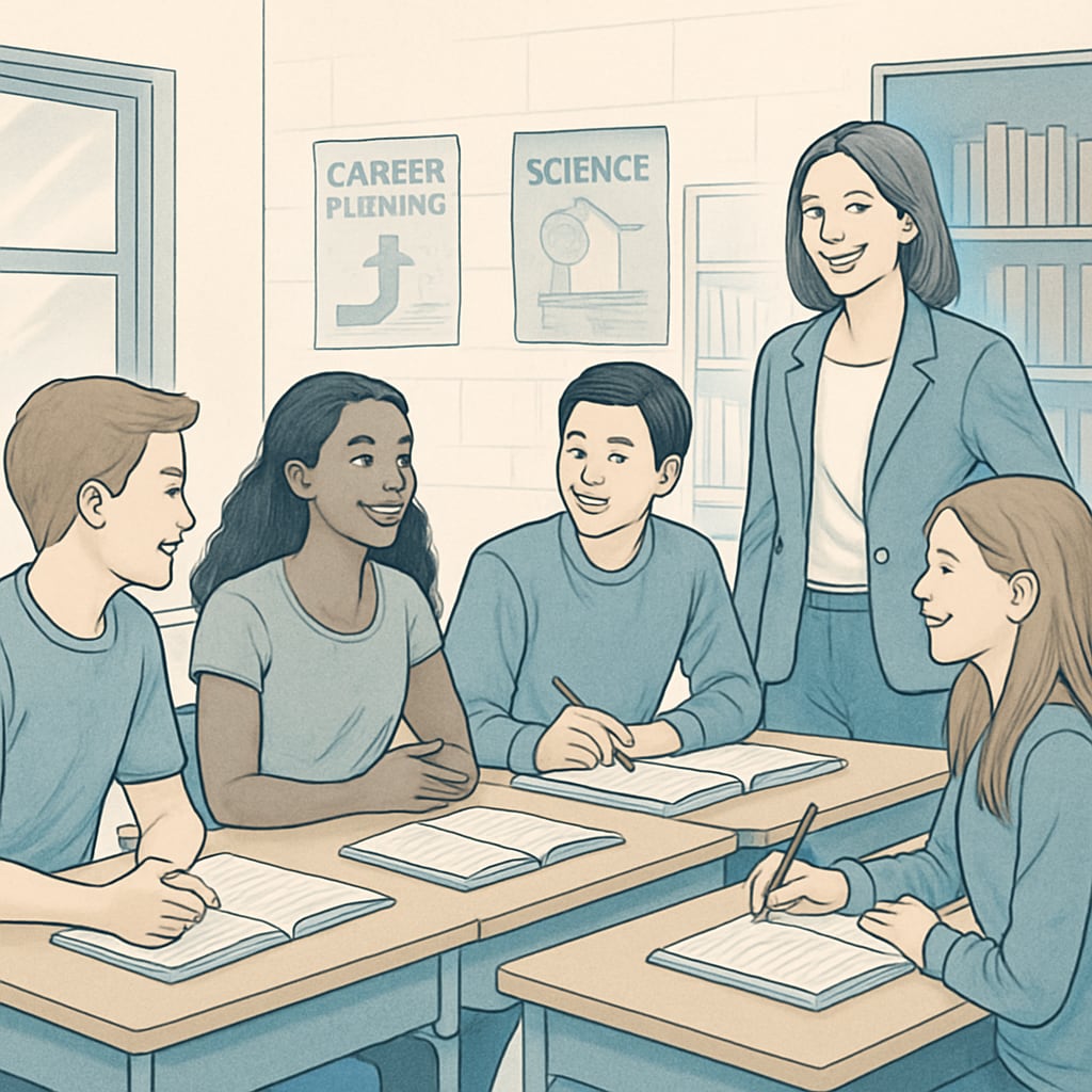 A high school classroom where students are engaged in discussions about career interests with a teacher or counselor. Students discussing career interests in a classroom setting.
