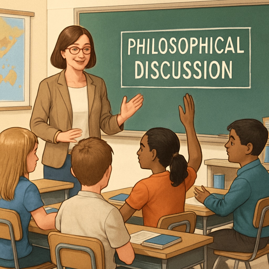 A classroom setting where a teacher is engaging students in a philosophical discussion. Classroom discussion on philosophy led by a teacher, emphasizing critical thinking.