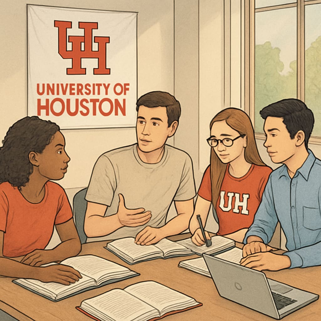 Students collaborating in a study group at the University of Houston campus Students engaging in a learning group at the University of Houston