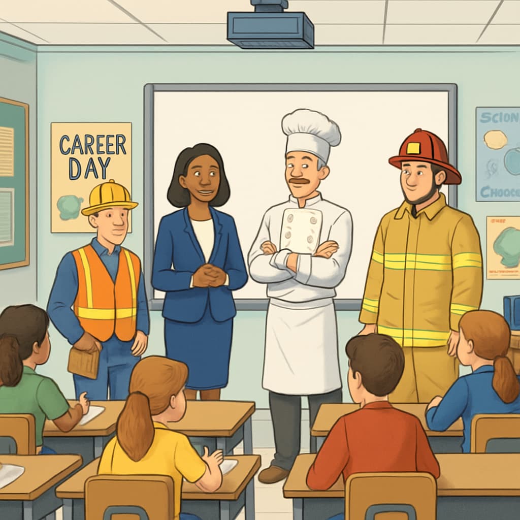 A career workshop in a school setting, featuring guest speakers from different industries sharing their experiences with students. Career workshop with guest speakers in a school environment.