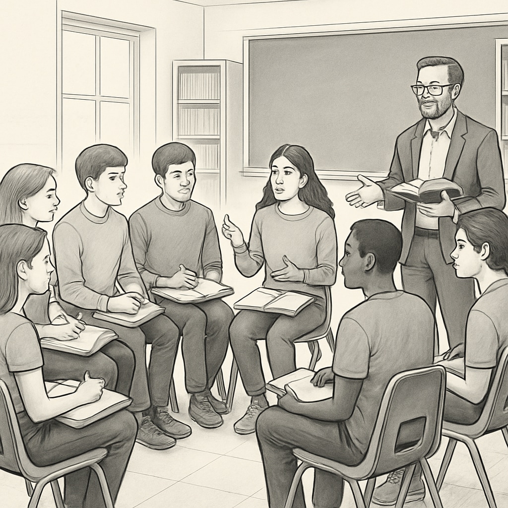 A group of students sitting in a circle, engaging in a Socratic seminar led by a teacher. Students participating in a Socratic seminar to foster philosophical thinking.