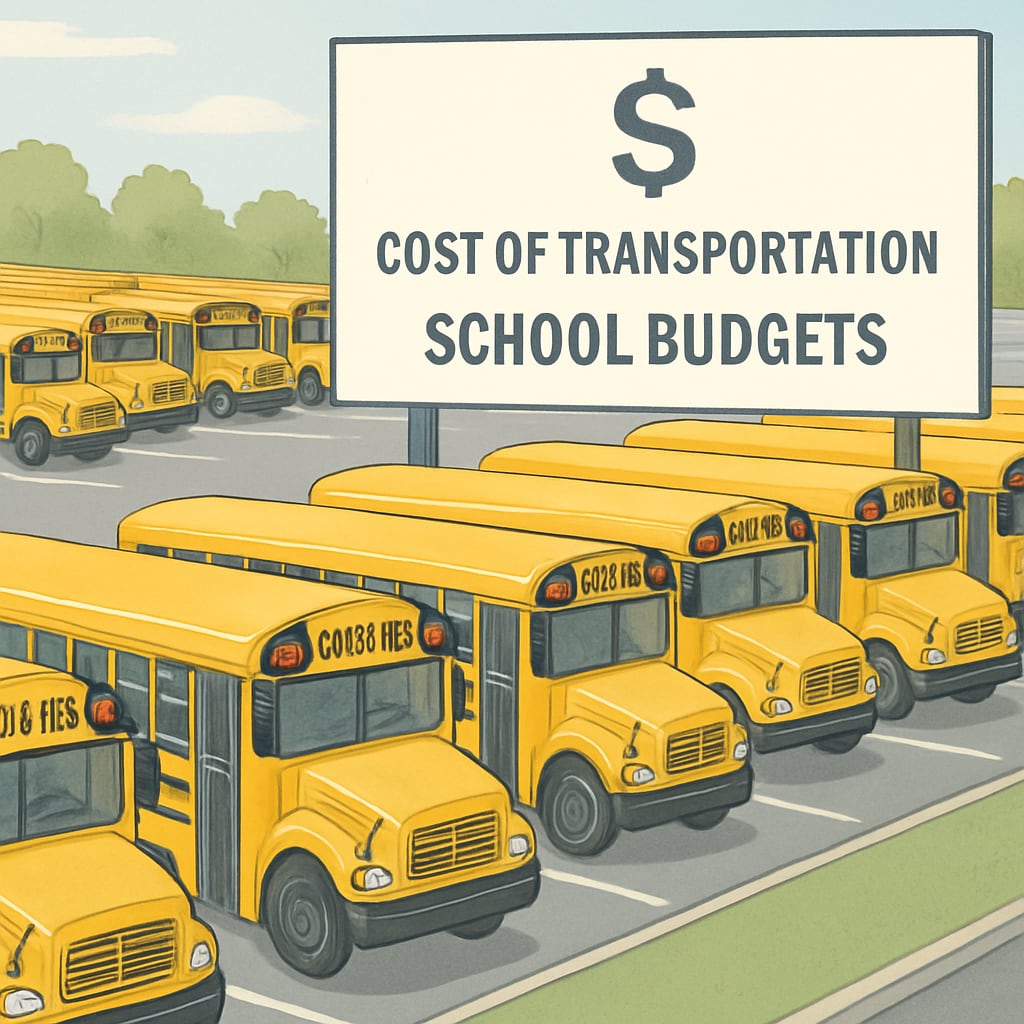 A school bus parking lot showing rows of buses, emphasizing the cost of transportation in school budgets. School bus parking lot highlighting transportation costs in school budgets.
