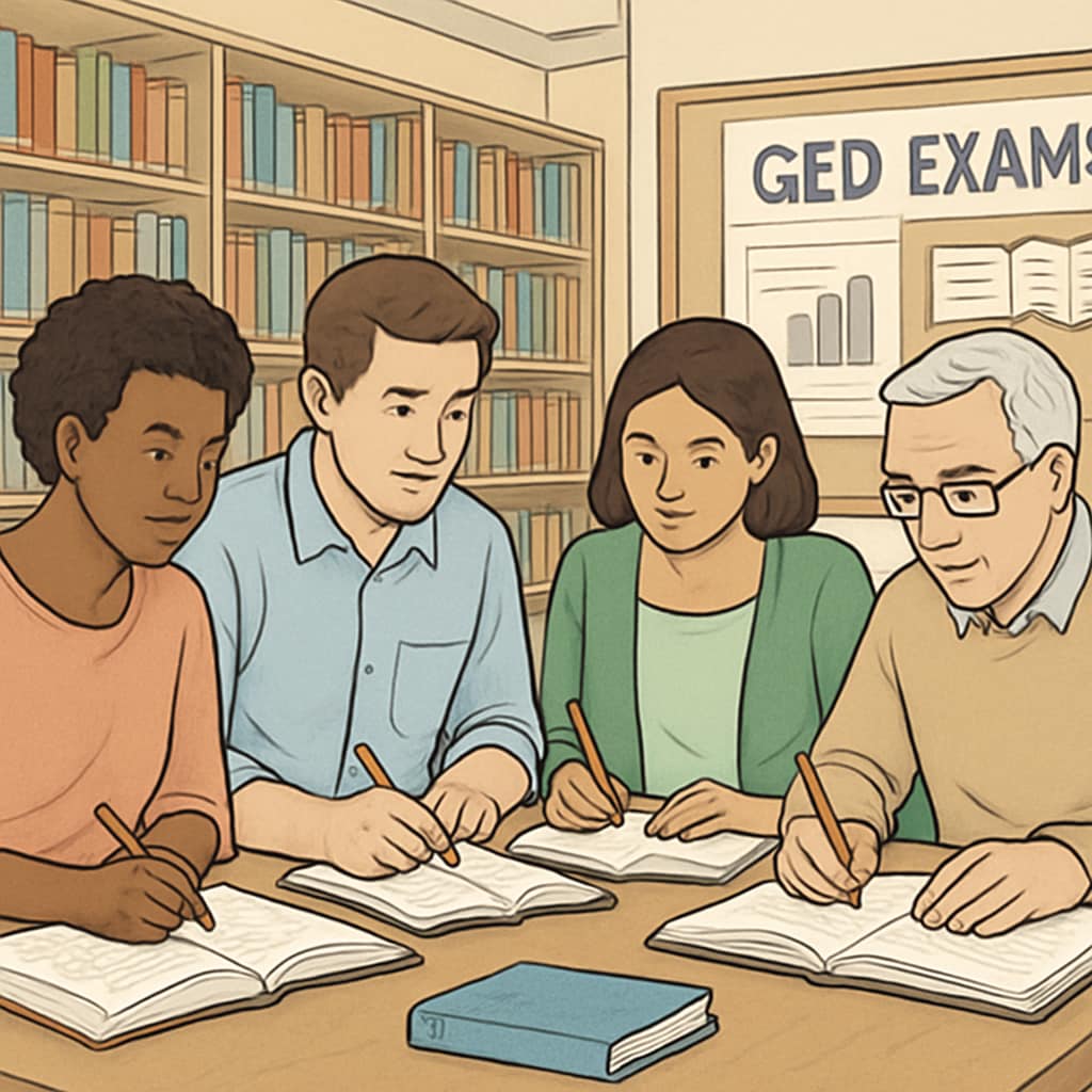A diverse group of adults studying together for GED exams in a library. Adults studying for GED exams as part of their journey to university.