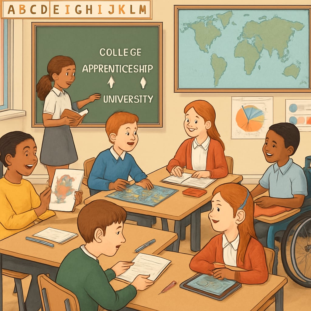 A UK classroom with diverse students engaged in activities, symbolizing inclusive education pathways. UK classroom inclusive education pathways