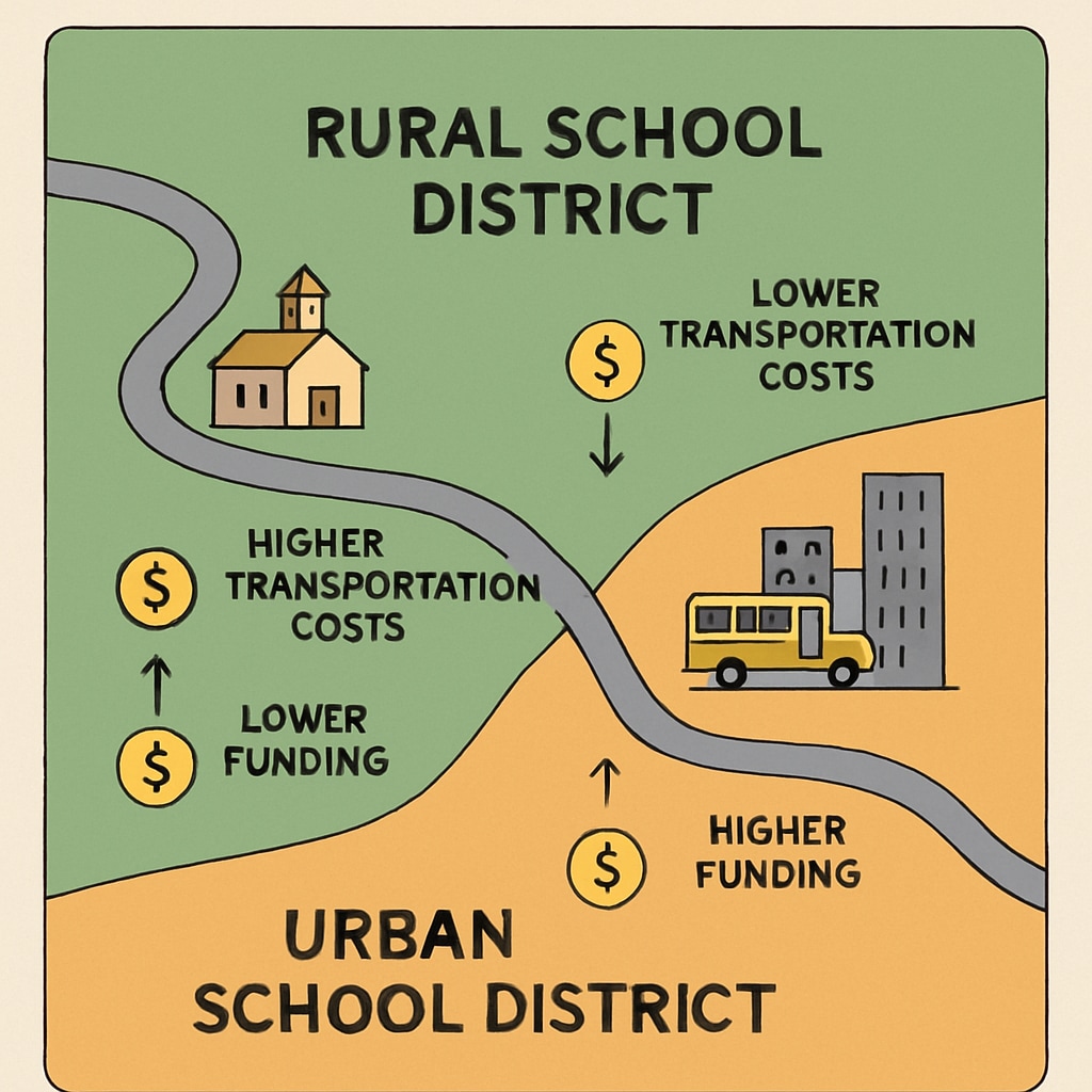 A map showing rural and urban school districts, highlighting the disparity in transportation costs and funding allocation. Map displaying rural and urban school district transportation funding disparities.