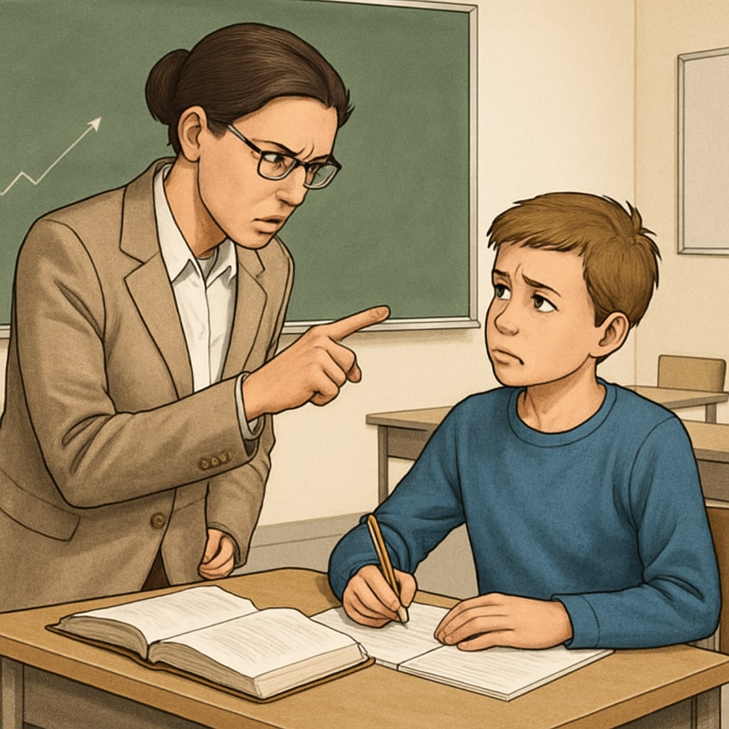 A teacher pushing a student to perform better, illustrating strict teaching methods. Teacher motivating student in a strict teaching environment
