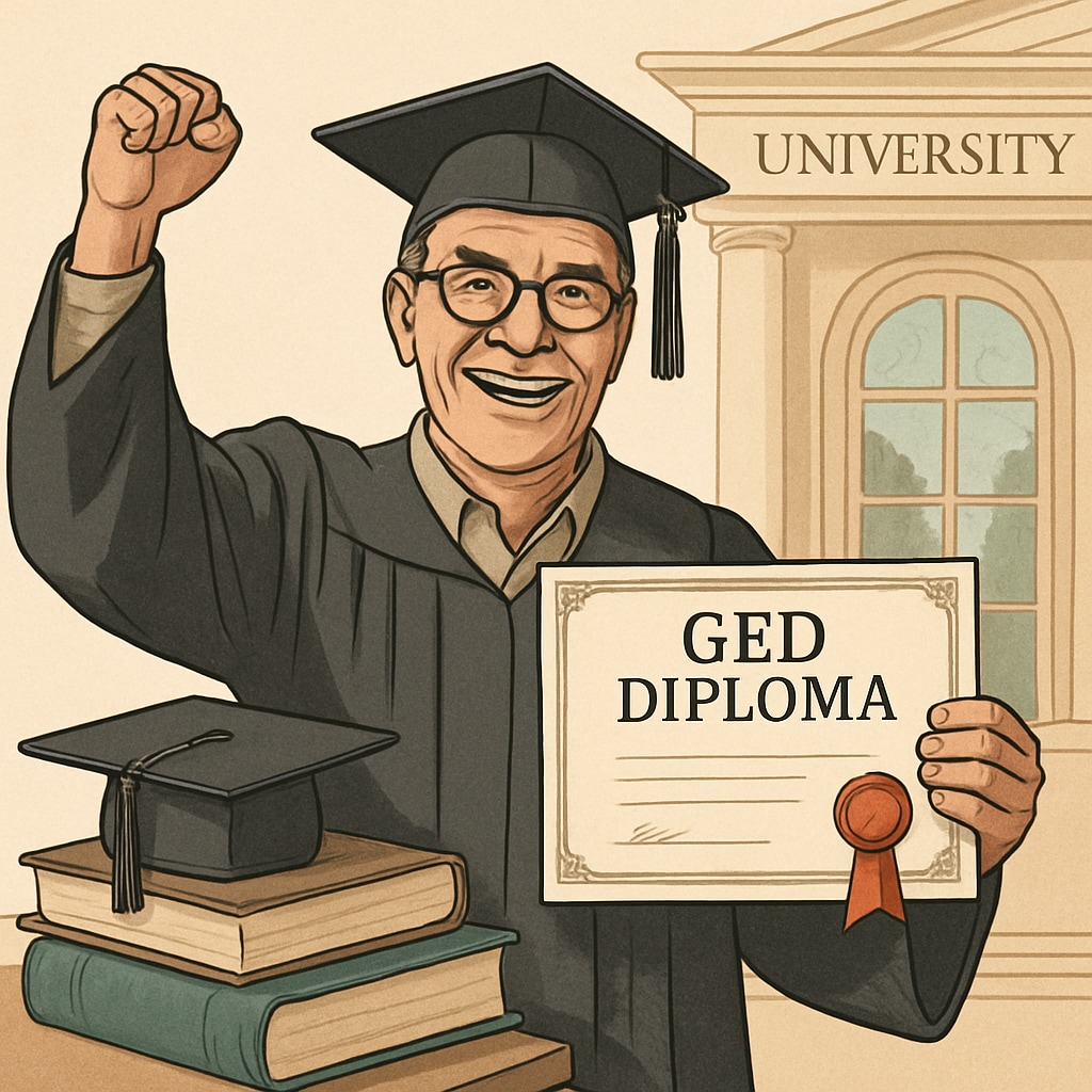 A mature student celebrating their GED achievement in a university setting. A GED graduate celebrating their achievement in a university environment.