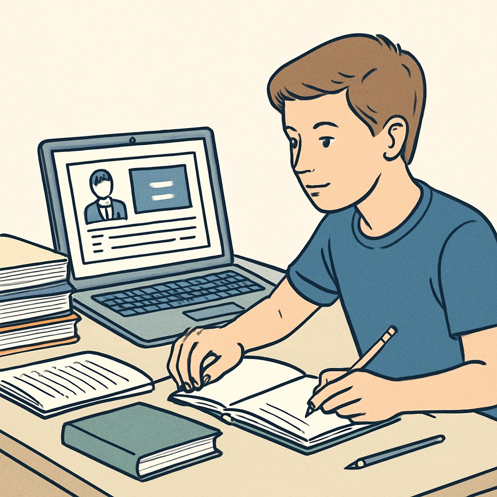A teenager at a desk engaging with online learning resources on a laptop. Teenager using online learning resources