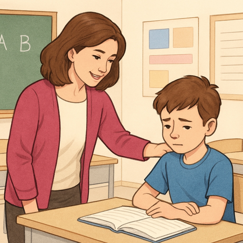 A teacher comforting a student to encourage learning in a positive environment. Teacher nurturing student with supportive care in education