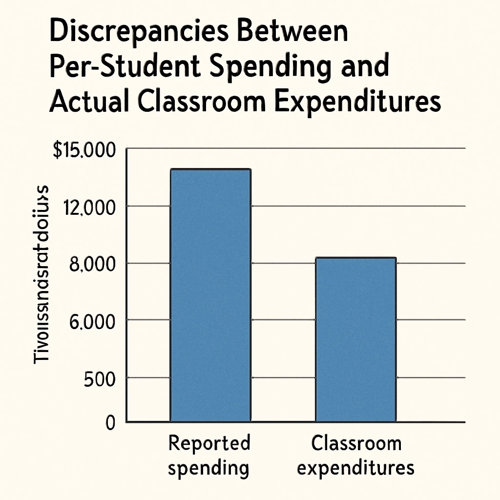 A graph illustrating discrepancies between reported per-student spending and actual classroom expenditures. Graph showing differences between reported per-student spending and actual classroom funding.