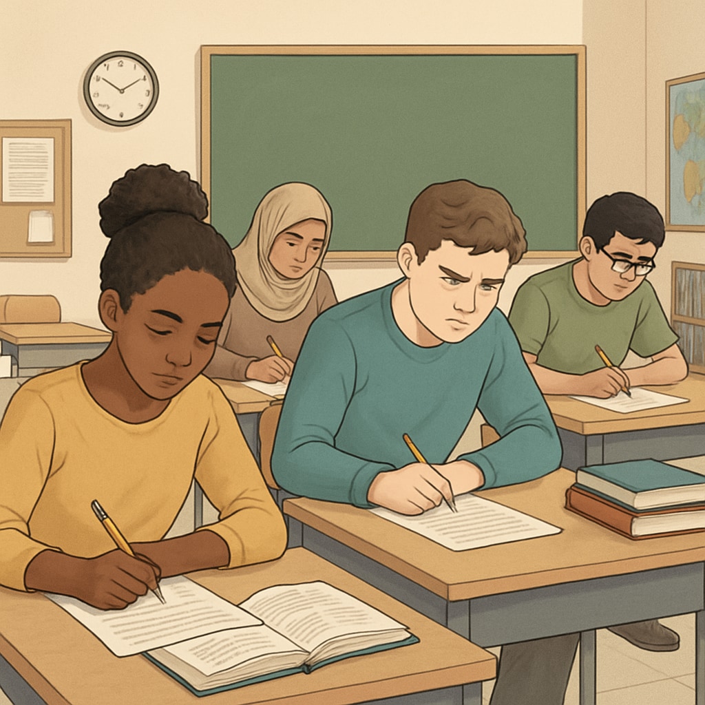 A classroom with students preparing for retakes, emphasizing focus and determination. Students studying for A-level retakes in a classroom.