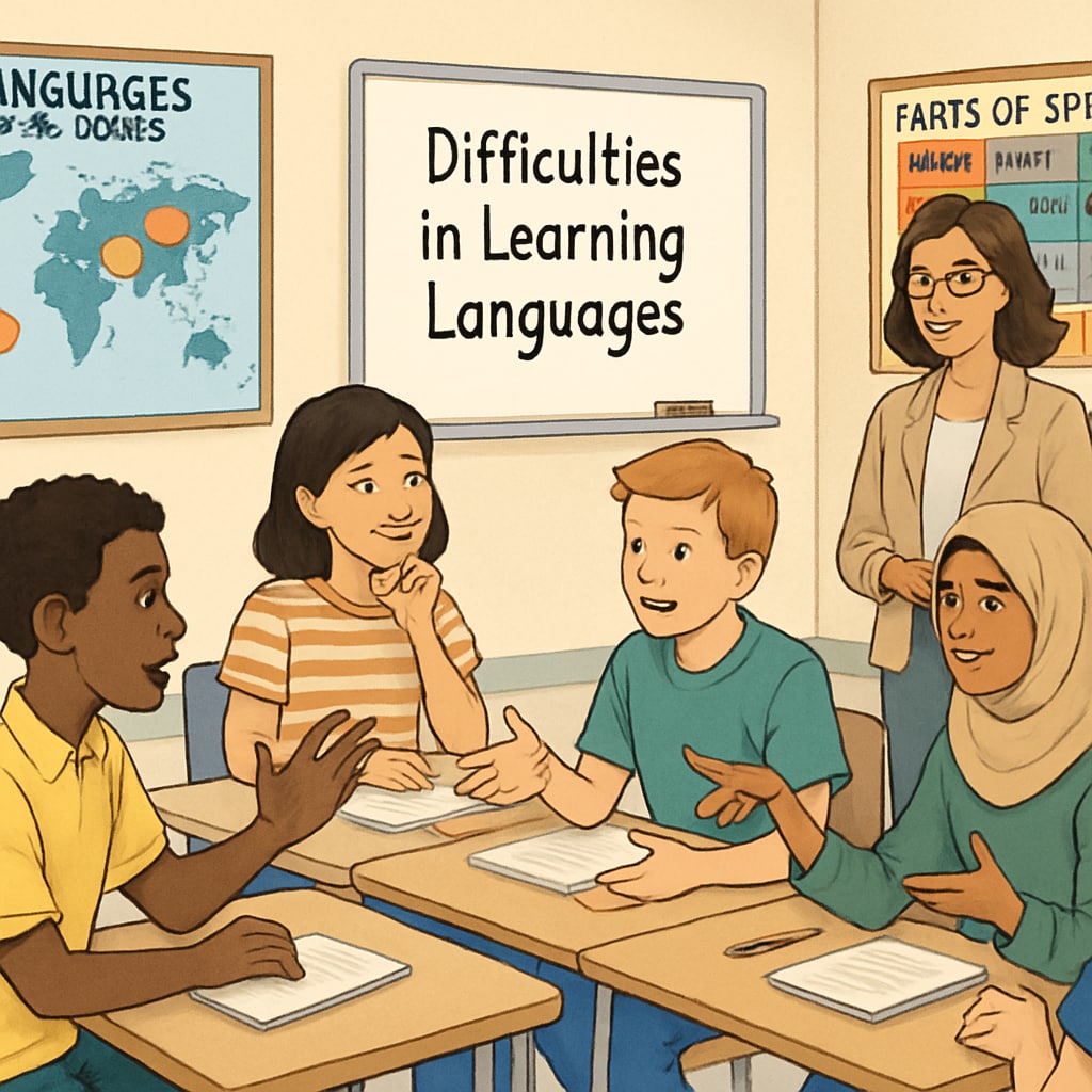 Diverse students discussing language transition challenges in a classroom.