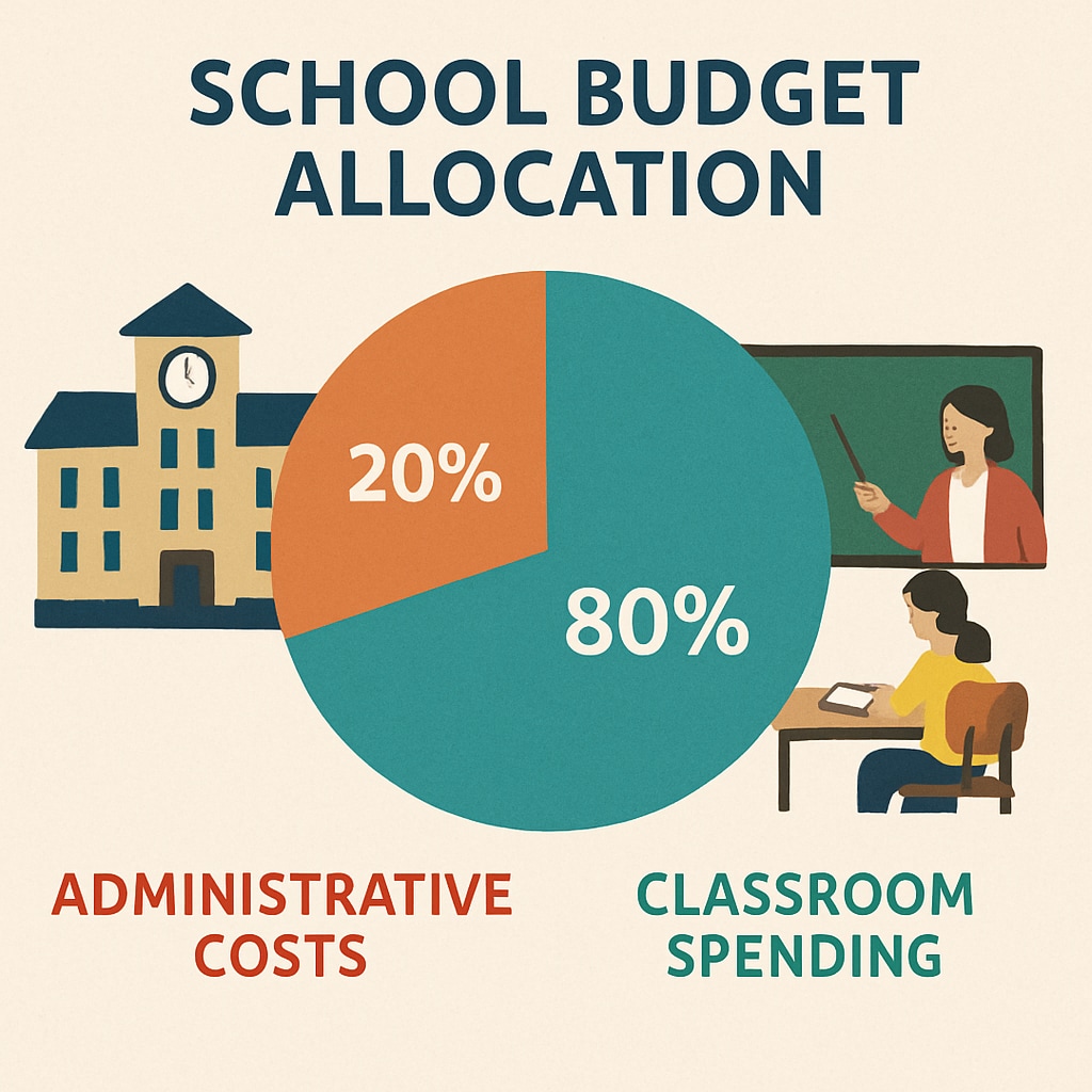 A visual representation of school budget allocation, depicting the breakdown of administrative costs versus classroom spending. School budget allocation depicting administrative costs versus classroom spending.