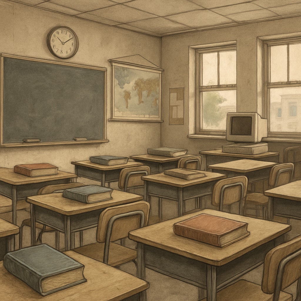 A classroom in a low-income school, highlighting resource disparities such as outdated textbooks and limited technology. Image of a low-income school classroom with visible resource shortages.
