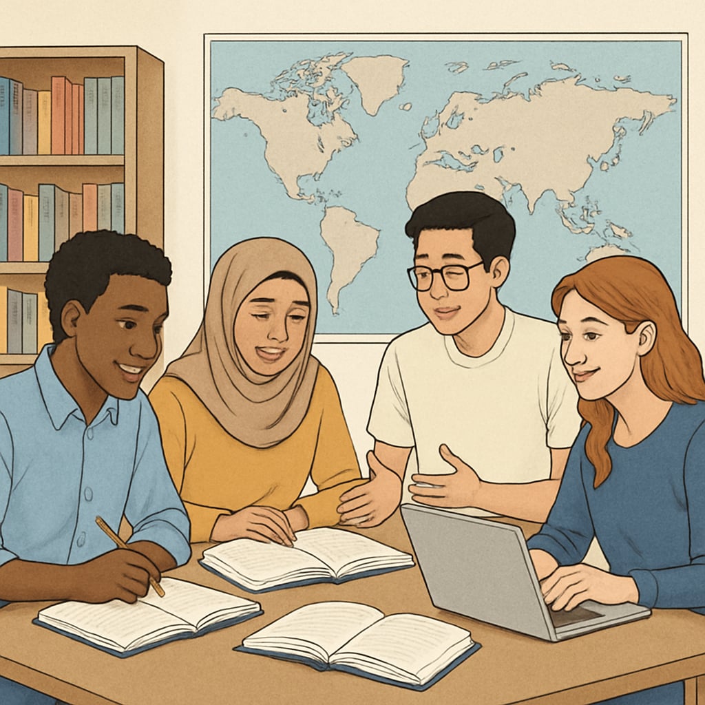 International students in a study group collaborating on language learning tasks.