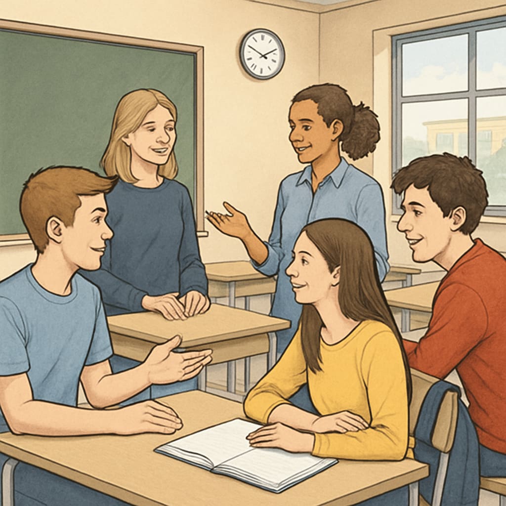A classroom setting with students visibly without mobile phones, emphasizing the impact of the ban on their daily interactions. Students in a classroom adapting to the mobile phone ban policy.