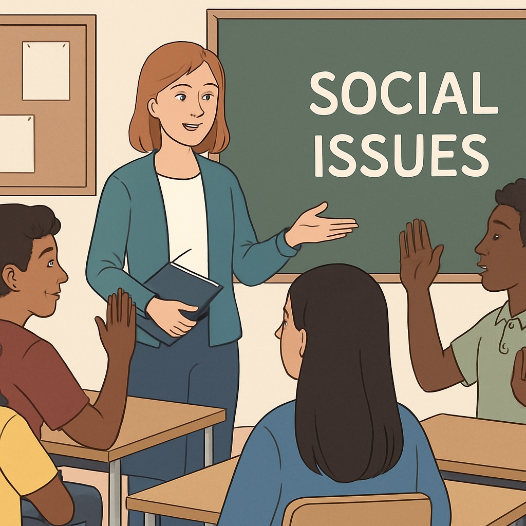 A classroom discussion featuring diverse students and a teacher talking about social issues. Students and teacher discussing social issues in a classroom setting.