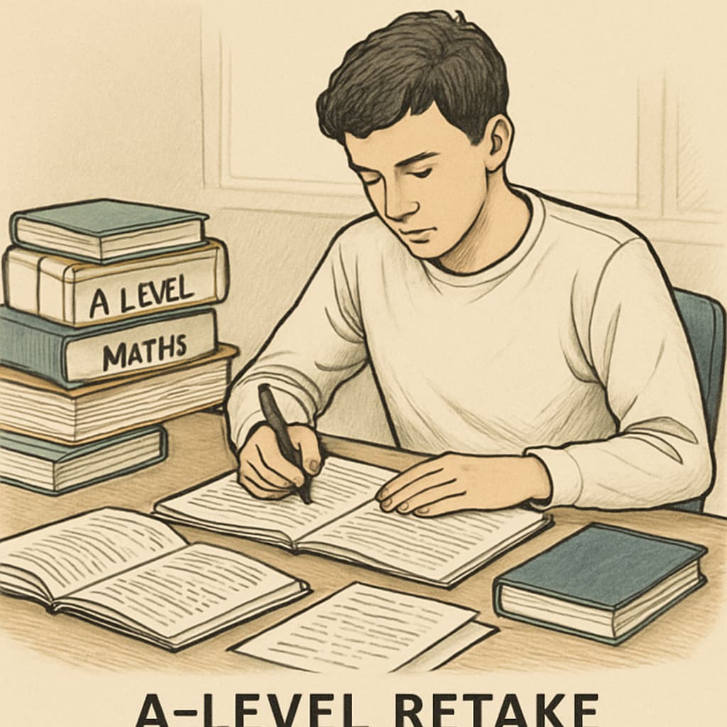 A student reviewing textbooks and study materials, representing preparation for A-Level exam retakes. Student preparing for A-Level retake exams with textbooks and study materials.
