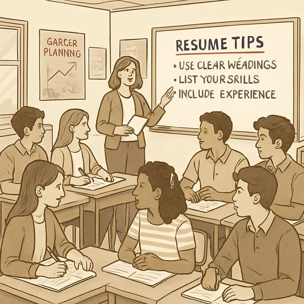 A group of high school students learning how to write resumes during a career planning workshop. High school students in Canada learning resume writing during a career planning session.