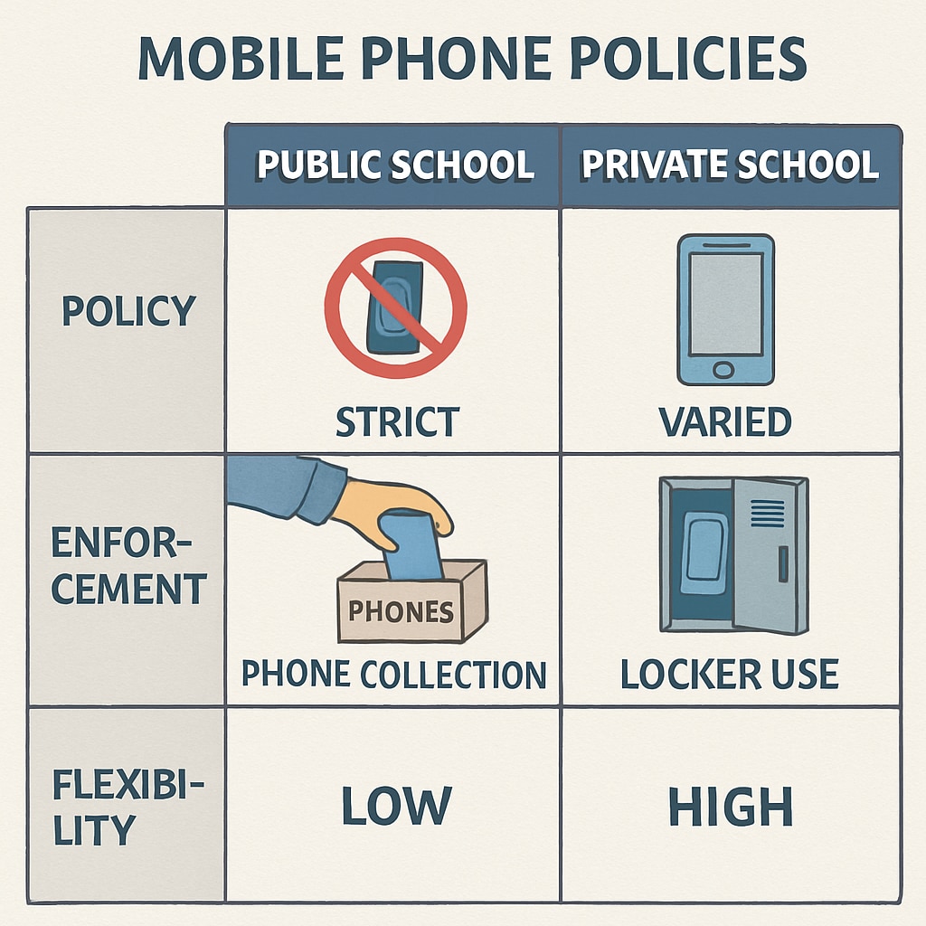 A comparison chart showing key differences in mobile phone policies between public and private schools, with examples of enforcement and flexibility. Chart displaying public vs. private school mobile phone policies.