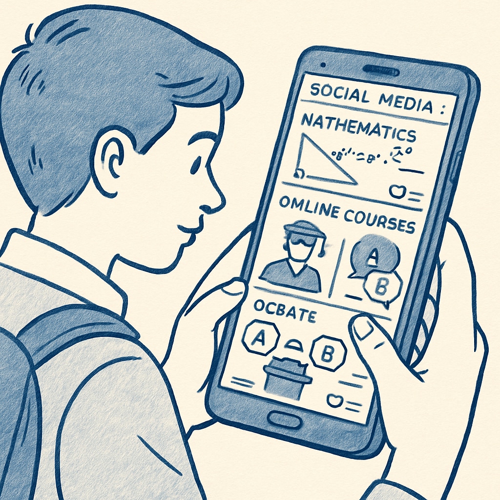 A student scrolling through social media on their phone, with educational posts and debates on the screen. Student engaging with educational debates on social media.