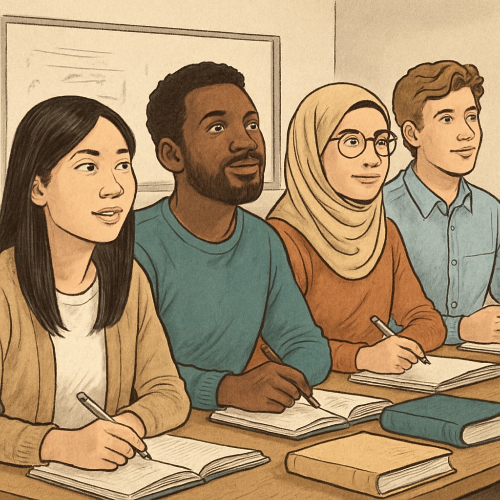 A diverse group of international students attending a lecture in a foundation program. International students in a foundation program classroom, preparing for university.