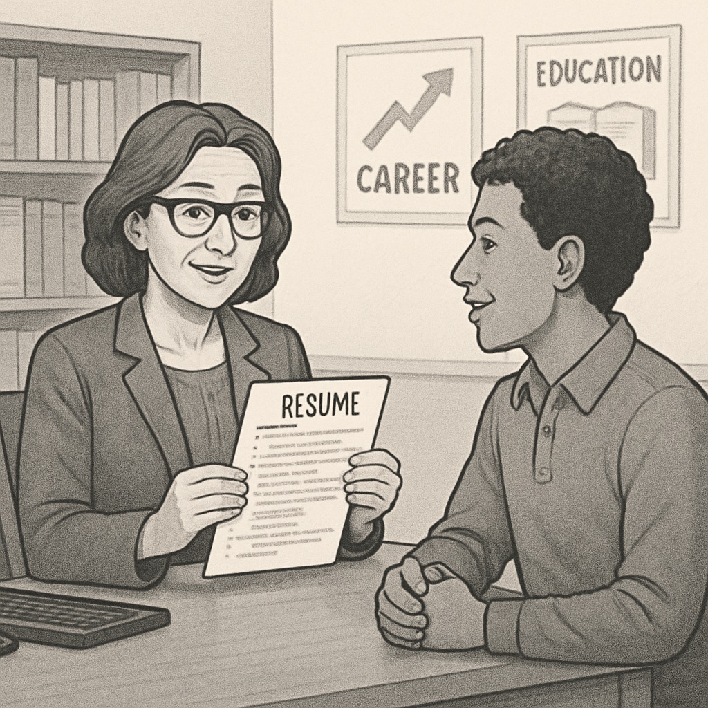 A Canadian career counselor reviewing a student's resume during a one-on-one session. Career counselor in Canada assisting a student with resume preparation.