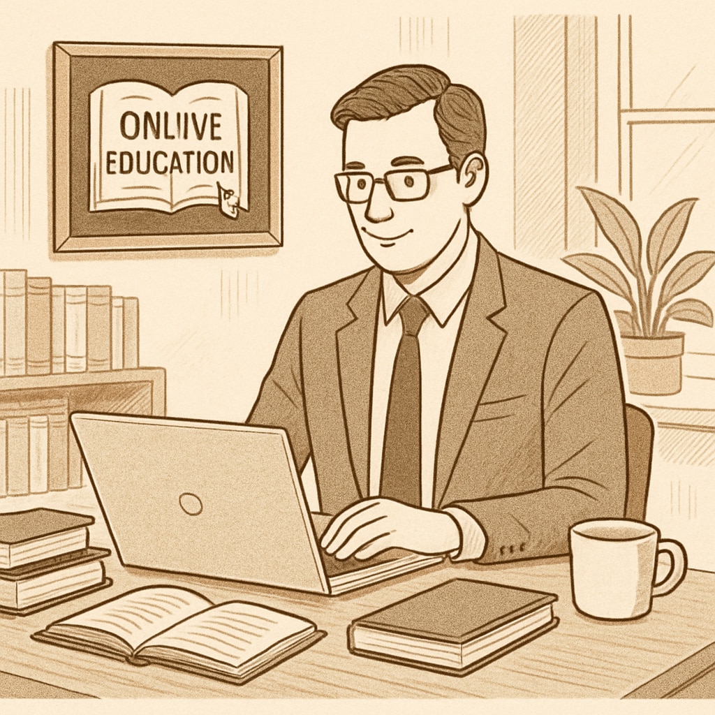 A professional working on a laptop in a cozy home office, symbolizing online education flexibility. Flexible online education for busy professionals pursuing business degrees