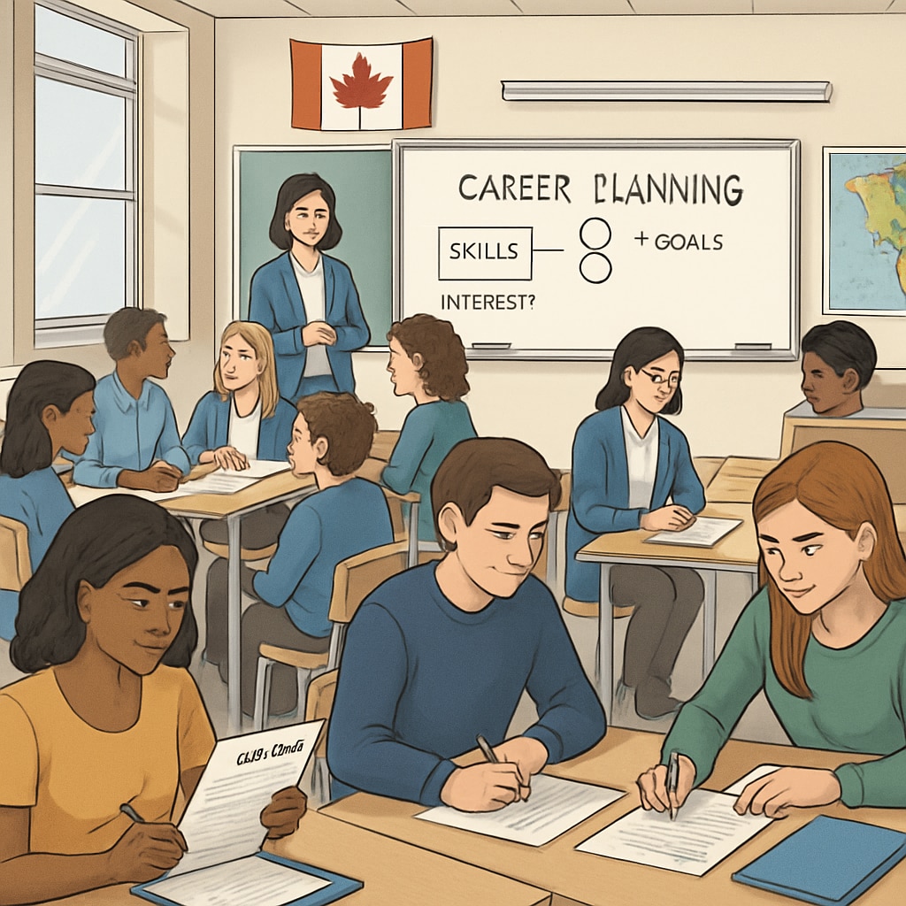 A Canadian classroom where students are engaged in career-focused activities, such as resume writing or group discussions. Canadian students working on career-related projects as part of their education.