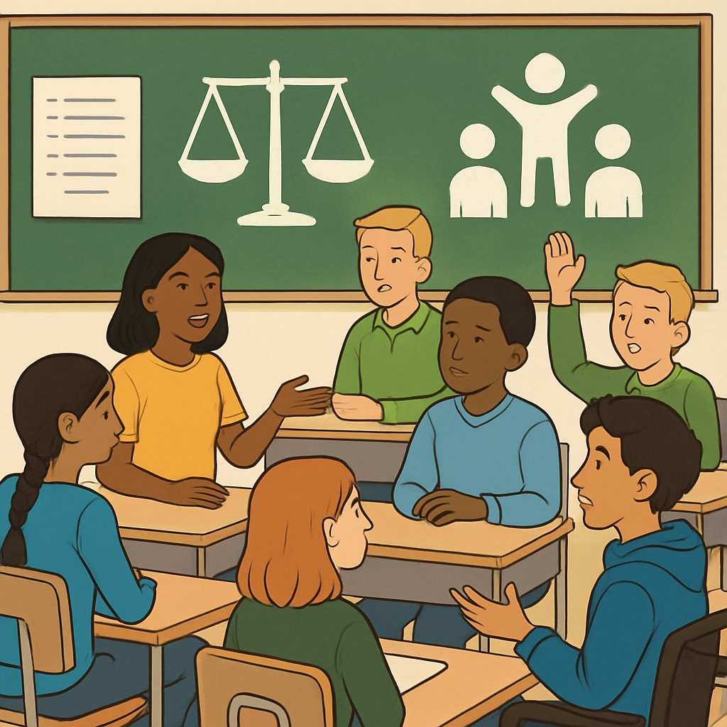 A classroom of diverse students engaged in a discussion about social justice topics. Students discussing social justice topics as part of awakening education.